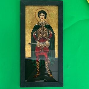 Framed Christian icône St John the Warriors hand painted on gold foil,Germany